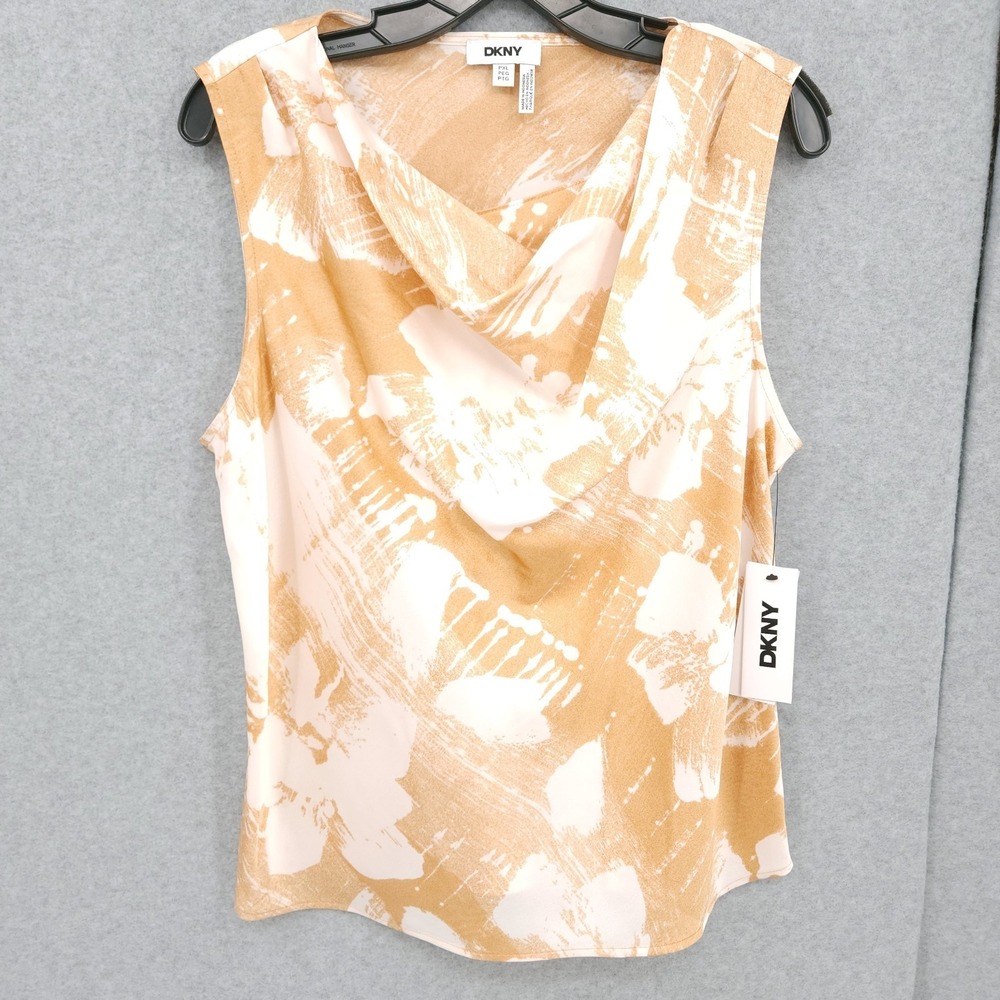 DKNY Printed Sleeveless Pullover Cowlneck Whiskey Multi Top Womens Size PXL NWT